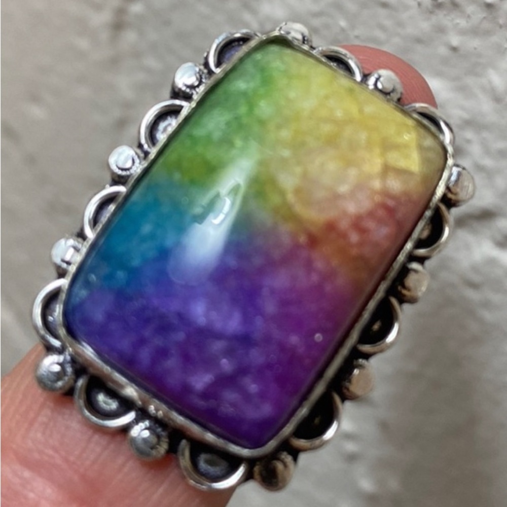 ** 𝒮𝒪ℒ𝒟 ** Tie Dye’ Crystal Ring 925 Large Quartz Stone Size 8.5
